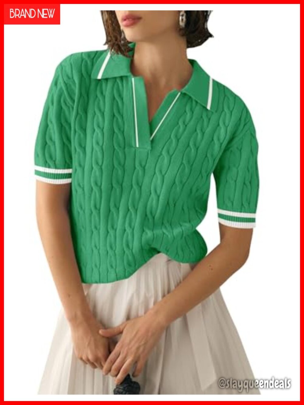 Lapel V Neck Short Sleeve Sweater Polo Top Cable Knit Loose Fit Women's